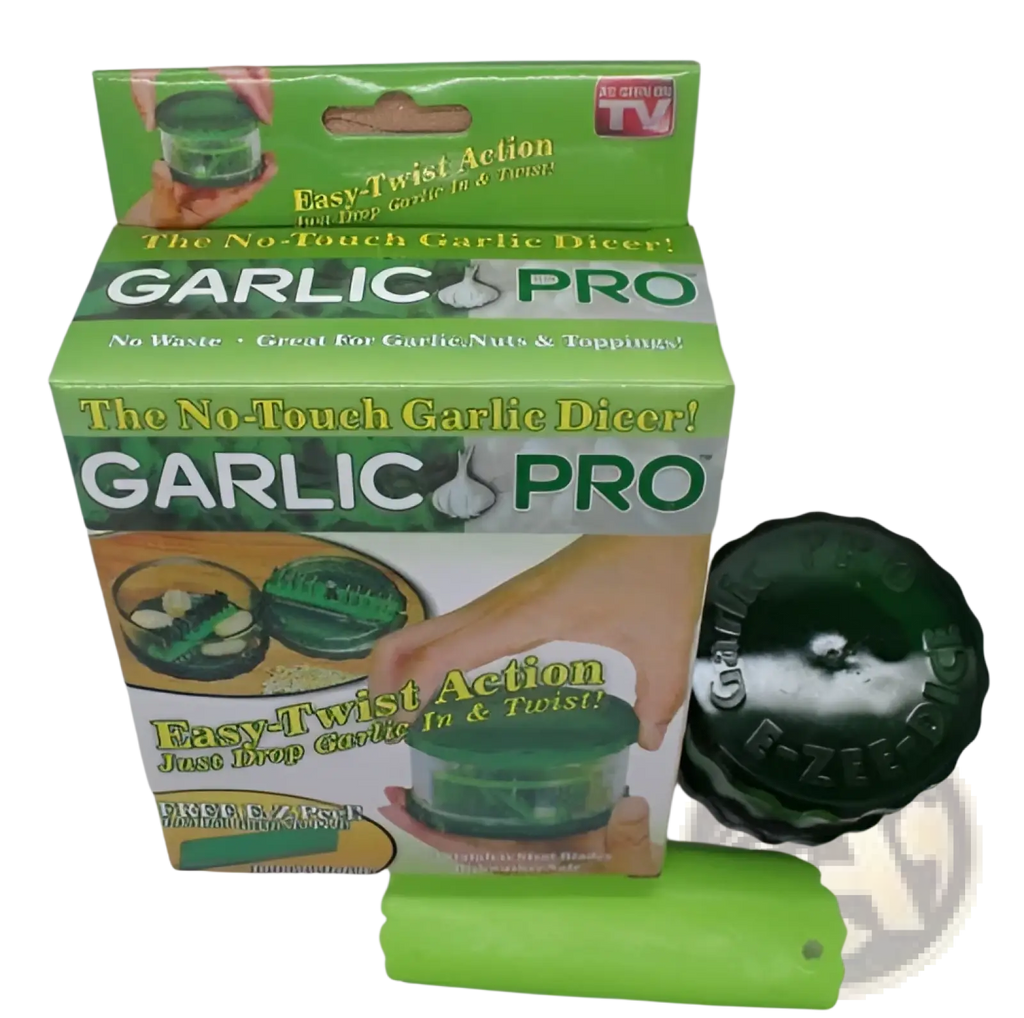 Green plastic garlic pro manual grinder and peeler kitchen tool with matching green handle for garlic dicing and peeling