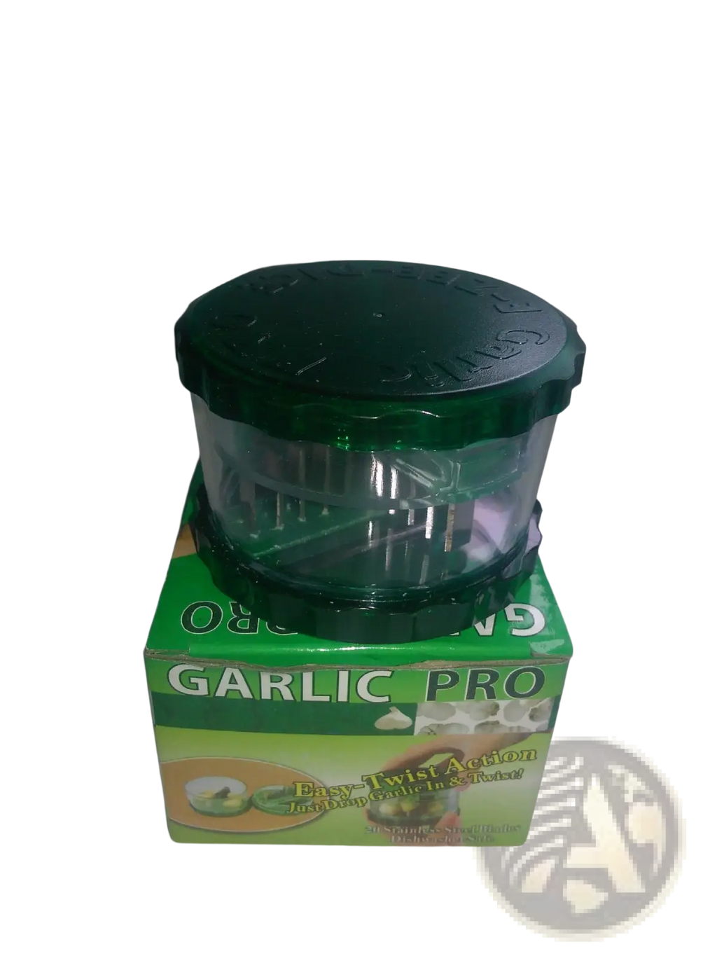 Green plastic garlic pro manual grinder and peeler with clear chamber and ridged lid for kitchen use