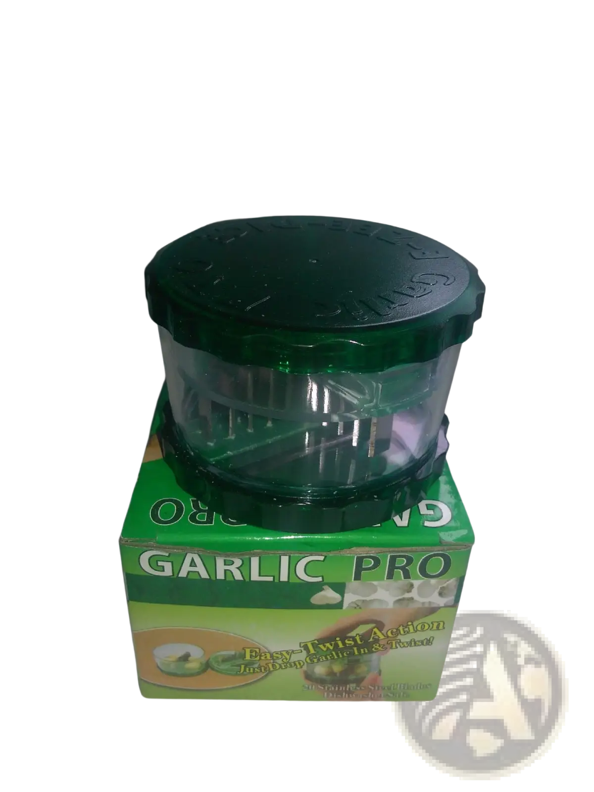 Green plastic garlic pro manual grinder and peeler with clear chamber and ridged lid for kitchen use