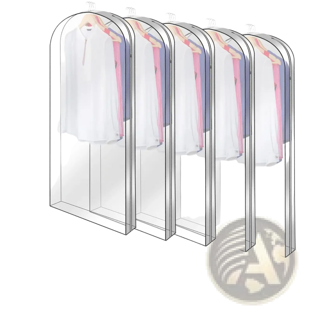 Clear transparent garment bags with smooth zipper closures and arched tops for hanging clothes 5 pack covers