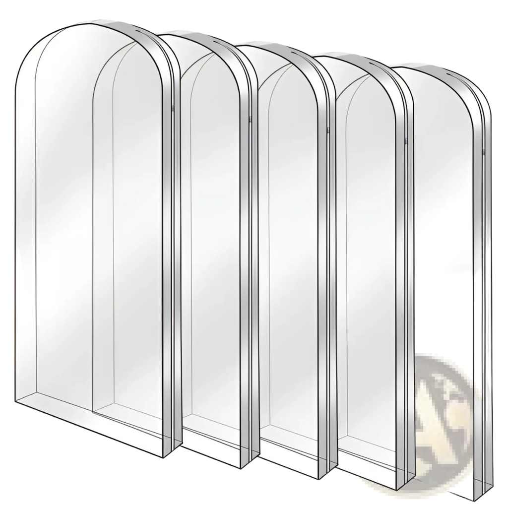 Garment bag for hanging clothes 5 pack clear covers made of clear acrylic with arched tops and reinforced edges