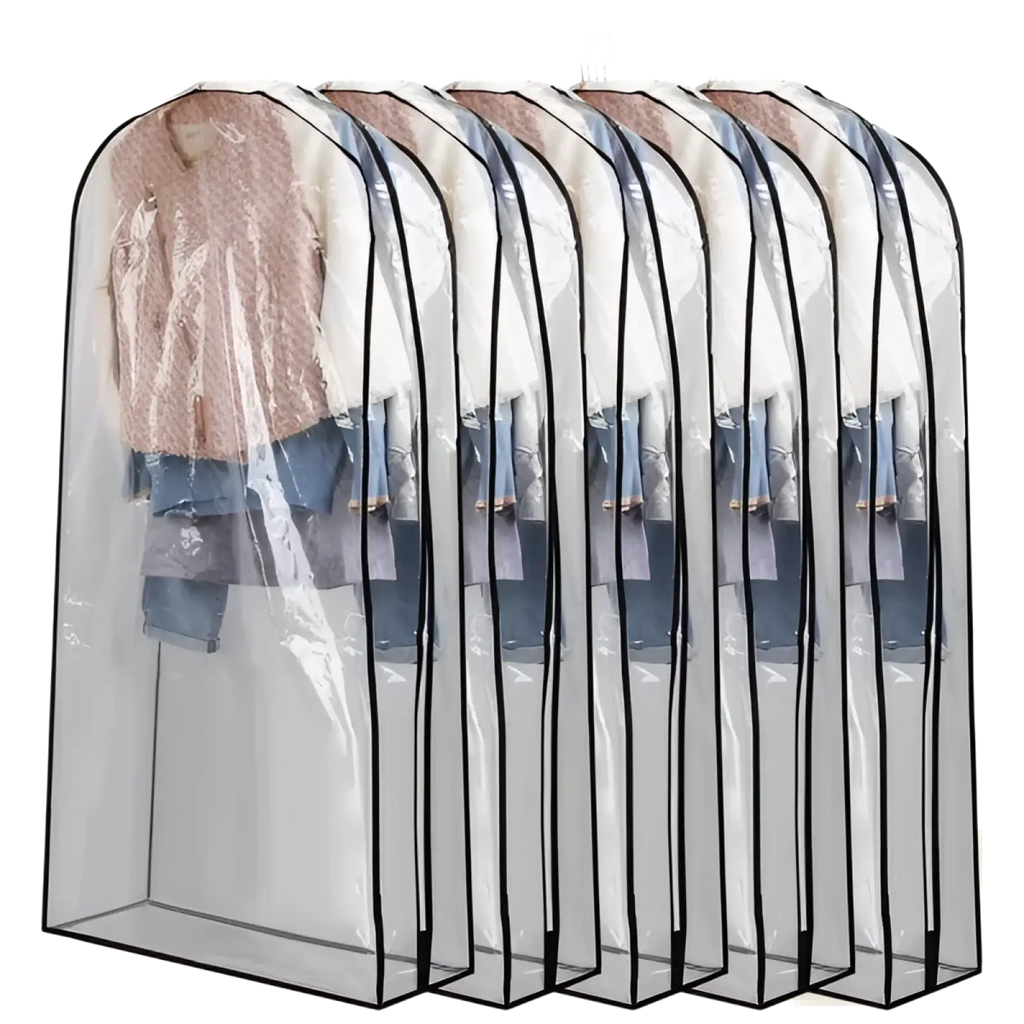 Clear plastic garment bags with black trim and metal hangers for hanging clothes 5 pack clear covers