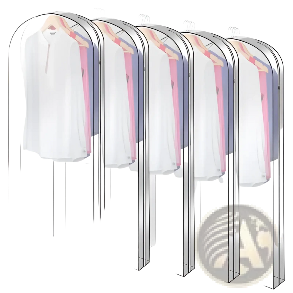 Garment bag for hanging clothes 5 pack clear covers with transparent arched tops and reinforced seams in clear plastic