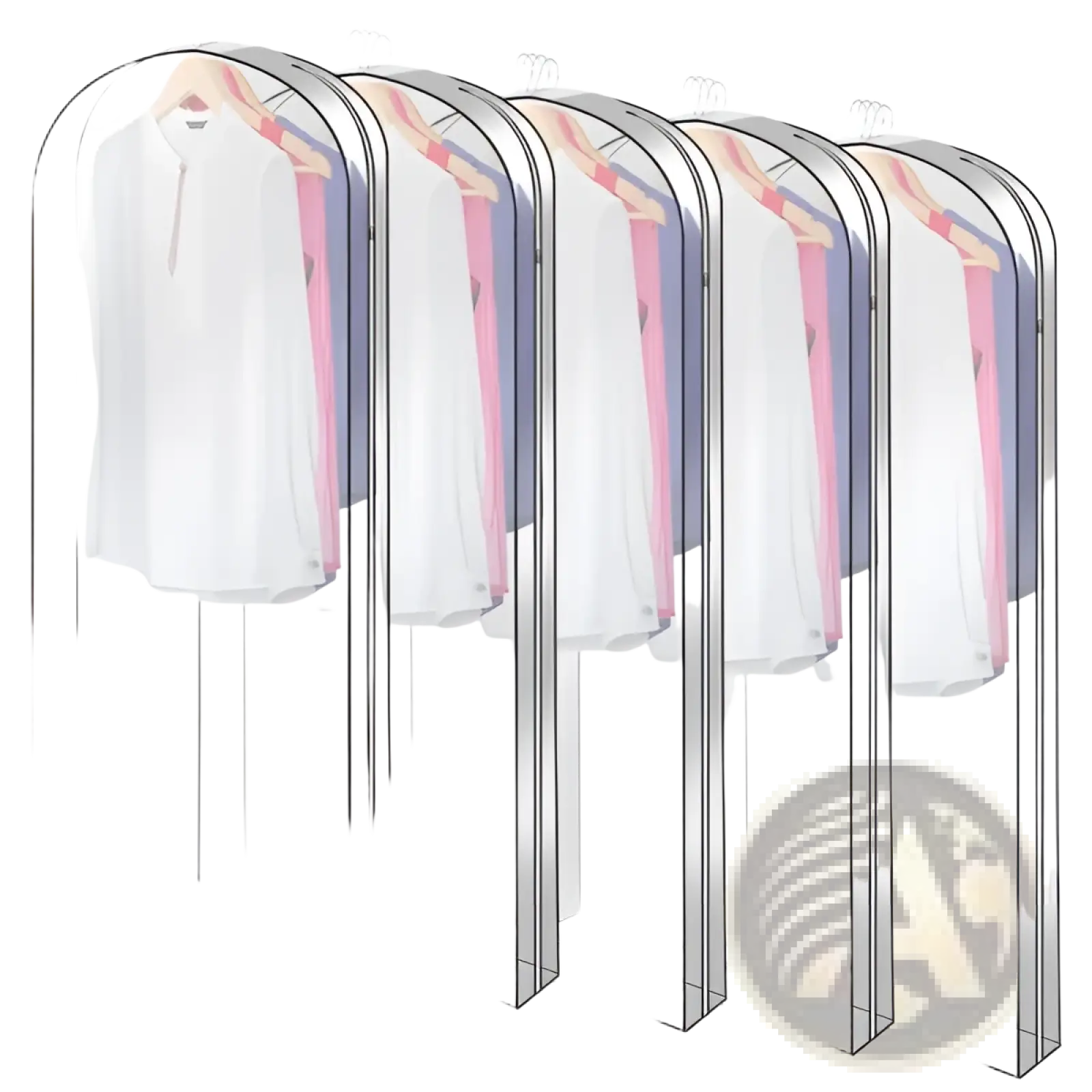 Garment bag for hanging clothes 5 pack clear covers with transparent arched tops and reinforced seams in clear plastic