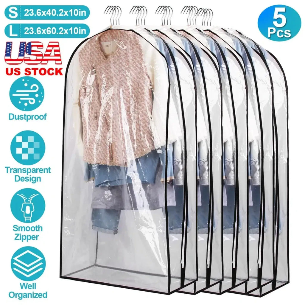 Clear plastic garment bags with black trim and smooth zippers designed for dustproof hanging clothes storage 5 pack