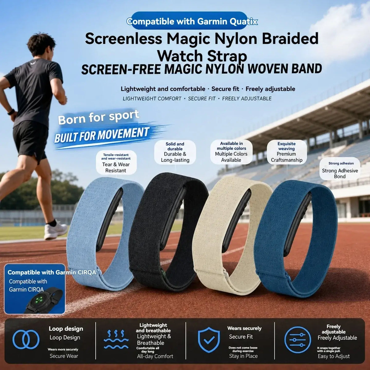 Garmin 24mm nylon watch band in multiple colors featuring a screenless magic nylon braided elastic strap design