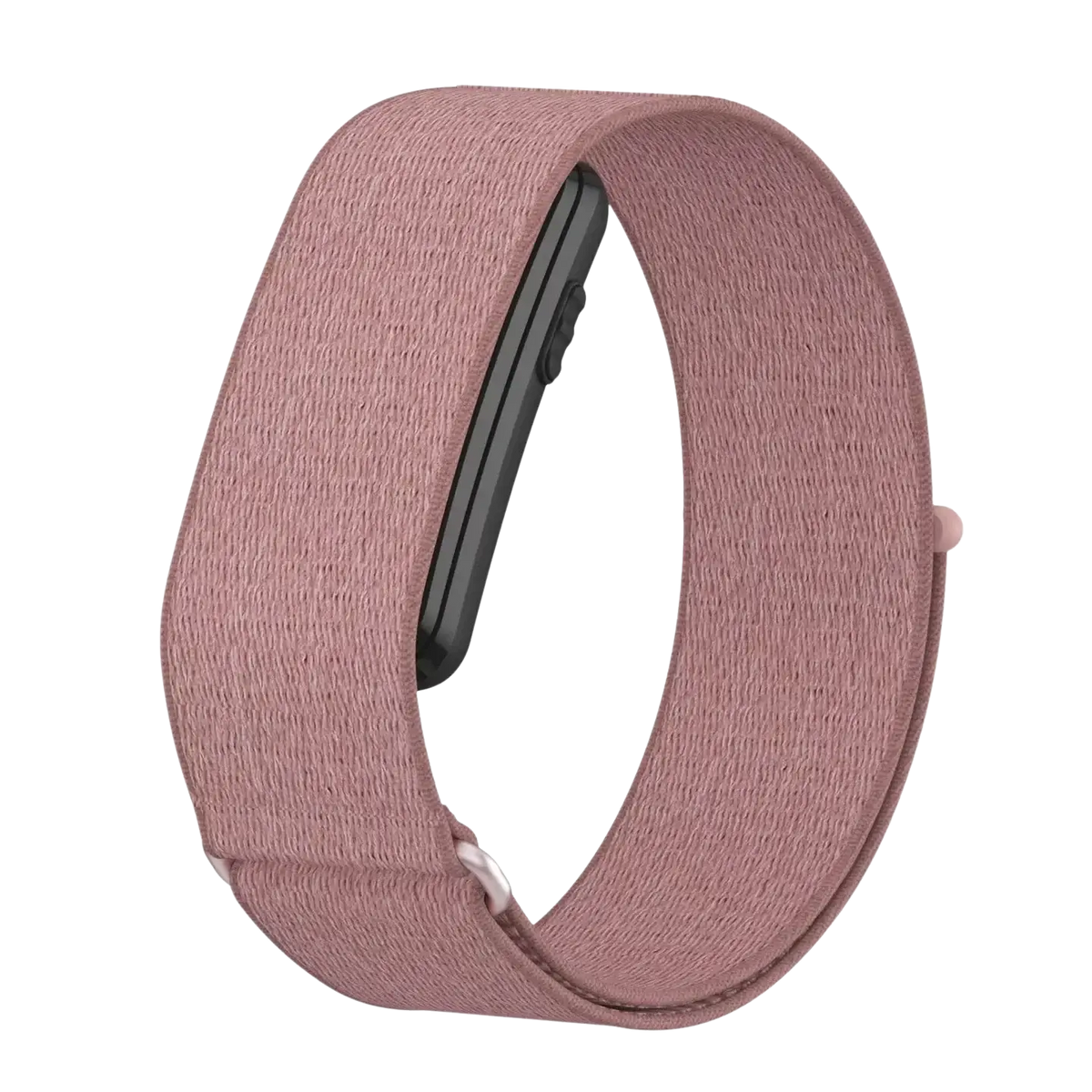 A soft rose-colored woven nylon strap with a sleek black rectangular band for Garmin 24mm fitness trackers