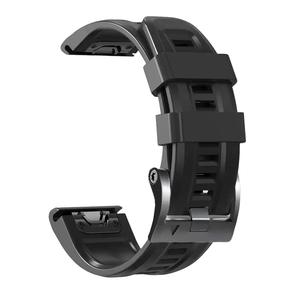 Black rubber garmin fenix quick fit wrist band with metallic buckle and adjustable slots for secure fit