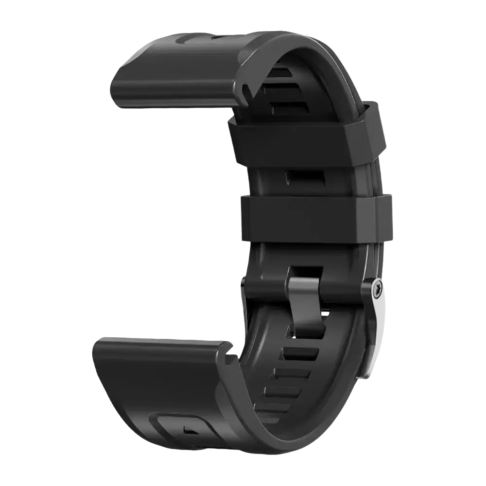 Black silicone garmin fenix quick fit wrist band with sleek sporty design and metallic buckle for secure wear