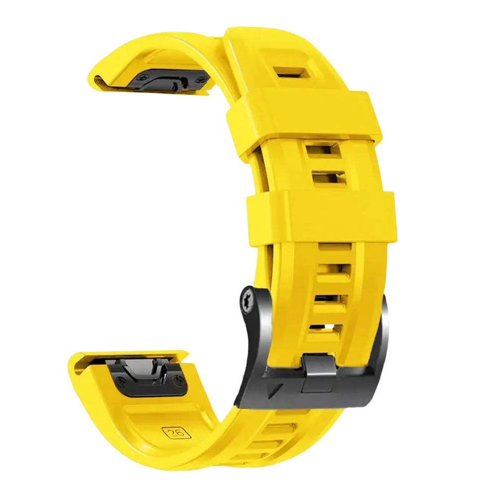 Bright yellow silicone garmin fenix quick fit wrist band with black metal buckle and clasp for secure fit