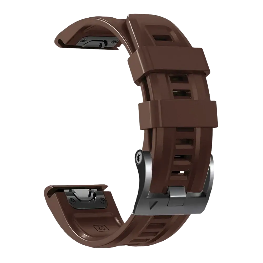 Brown silicone quick fit wrist band for garmin fenix with matte finish and silver-toned metal buckle