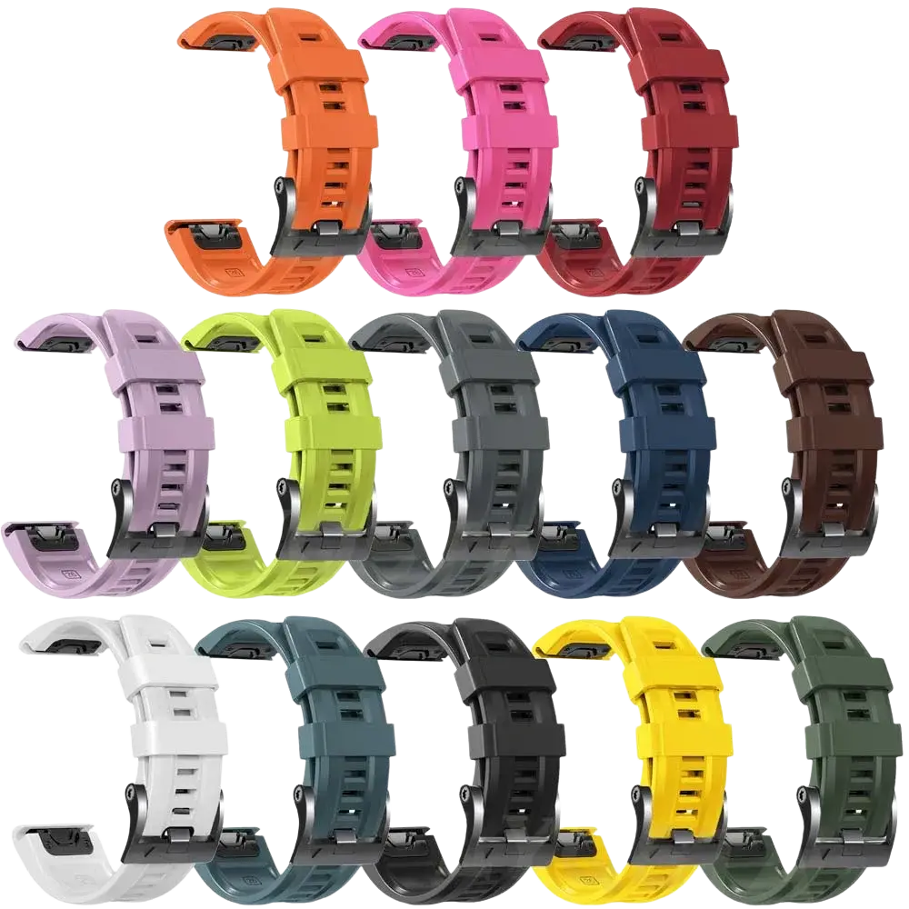 A collection of colorful quick fit silicone wrist bands for Garmin Fenix including orange pink red purple and more