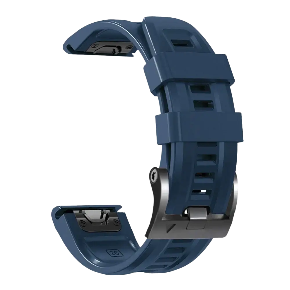 Navy blue silicone Garmin Fenix quick fit wrist band with metallic silver buckle and clasp hardware