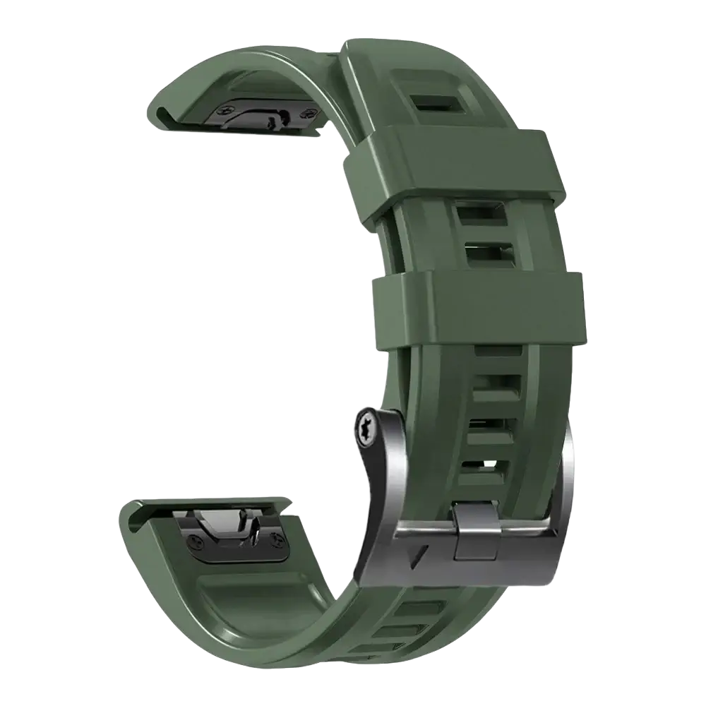 Olive green garmin fenix quick fit silicone wrist band with matte finish metal buckle and adjustment slots