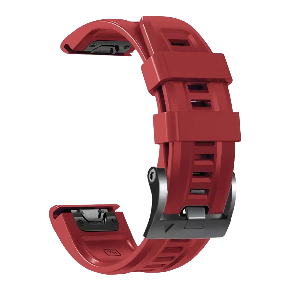 Red silicone garmin fenix quick fit wrist band with black metal buckle and adjustment hardware