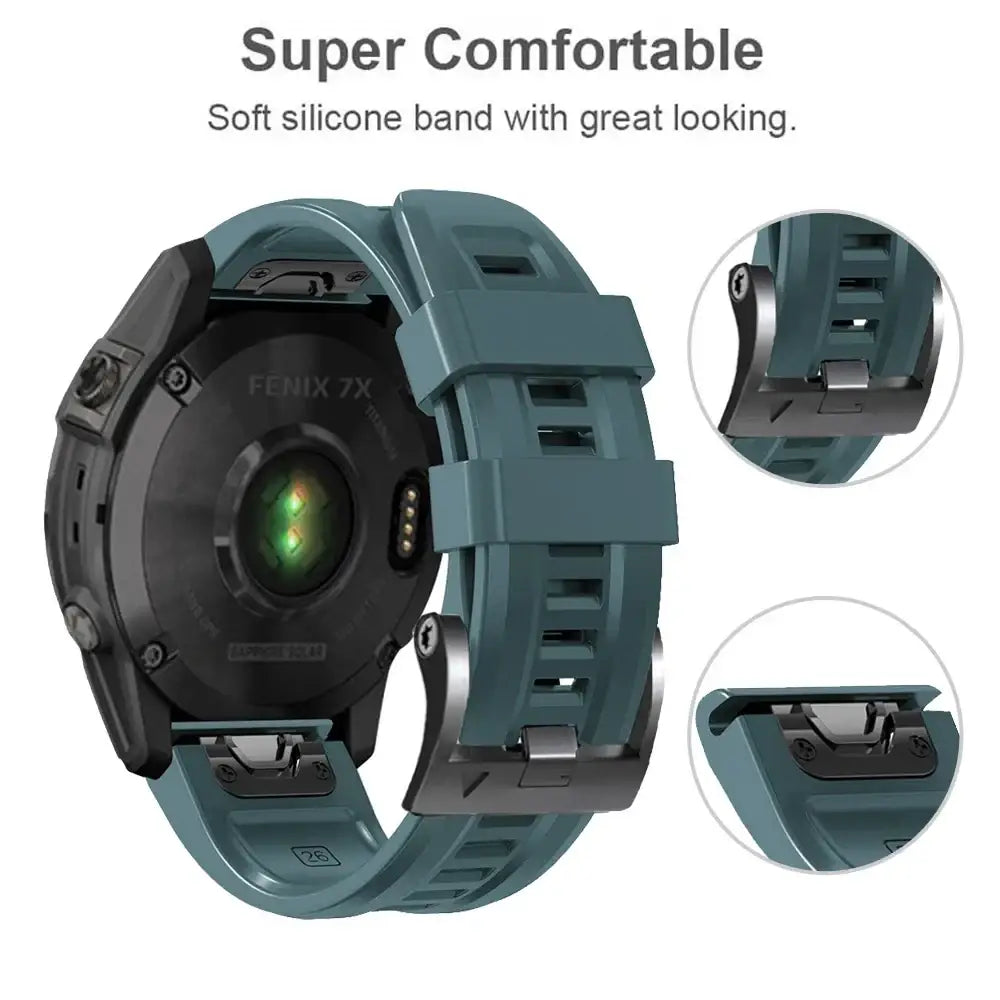 Teal silicone quick fit wrist band with black metal clasp designed for garmin fenix 7x smartwatch