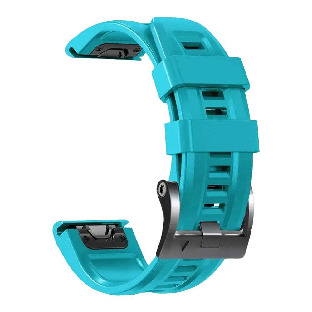 Teal silicone garmin fenix quick fit wrist band with black metal buckle and adjustable hardware for secure wear