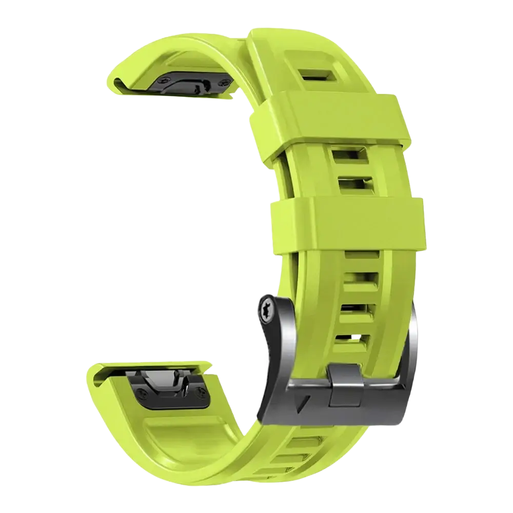 Vibrant lime green garmin fenix quick fit silicone wrist band with sleek black metal buckle and adjustable sizing