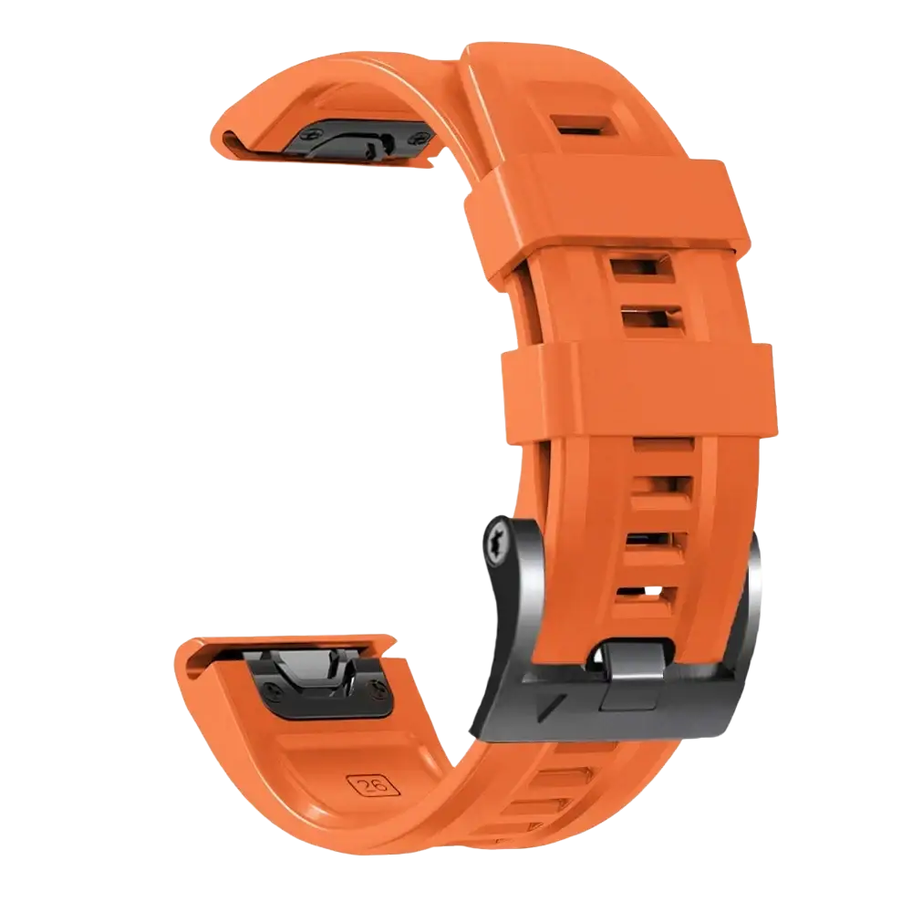 Vibrant orange silicone garmin fenix quick fit wrist band with black metal buckle and adjustment hardware