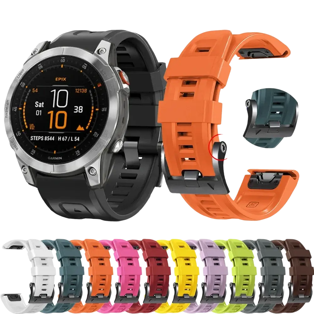 Vibrant orange quick fit silicone wrist band for Garmin Fenix with durable flexible material and matching black buckle