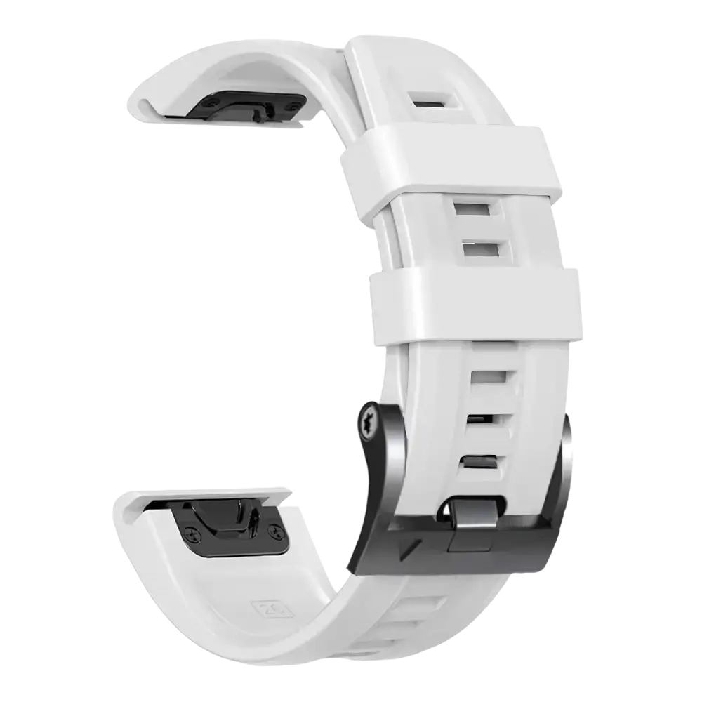 White silicone garmin fenix quick fit wrist band with black metal buckle designed for smartwatch use