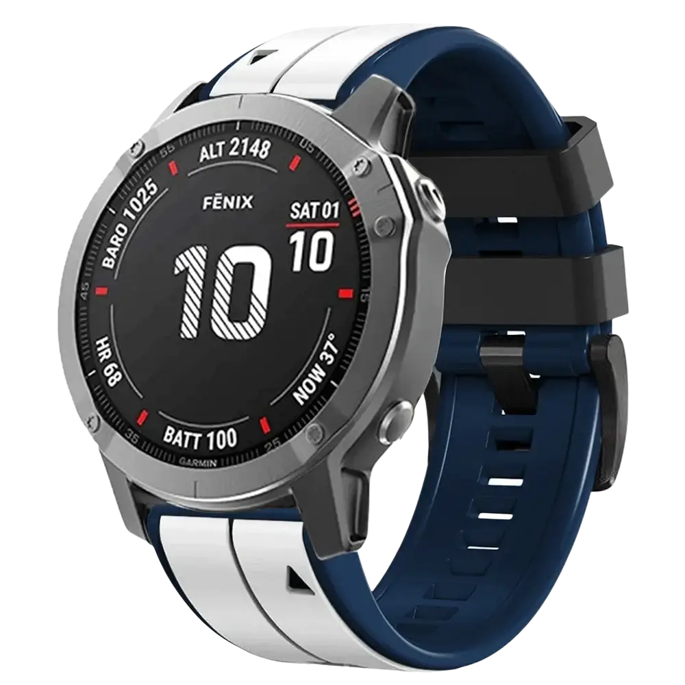 Garmin fenix 6 smartwatch with a navy blue and white silicone watch band designed for garmin fenix and forerunner models