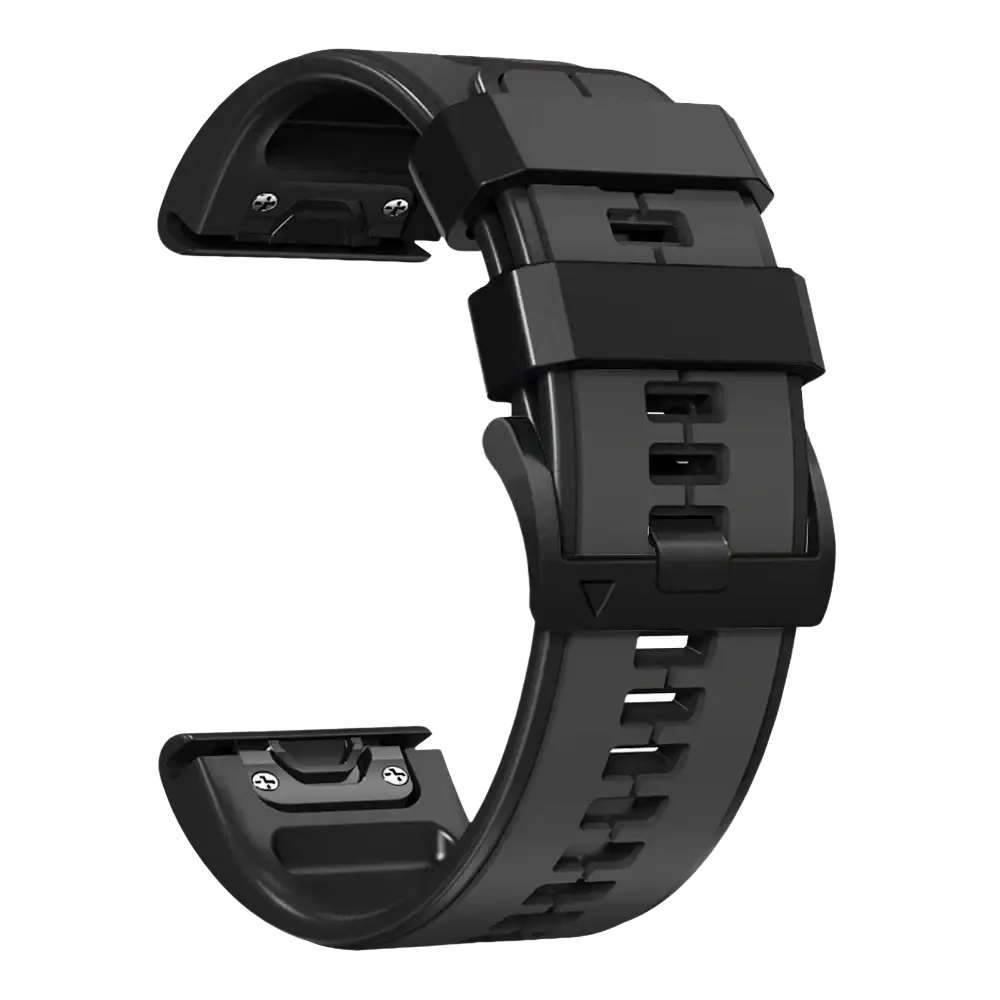Black silicone garmin fenix watch band with rugged textured design and adjustable buckle system for durability