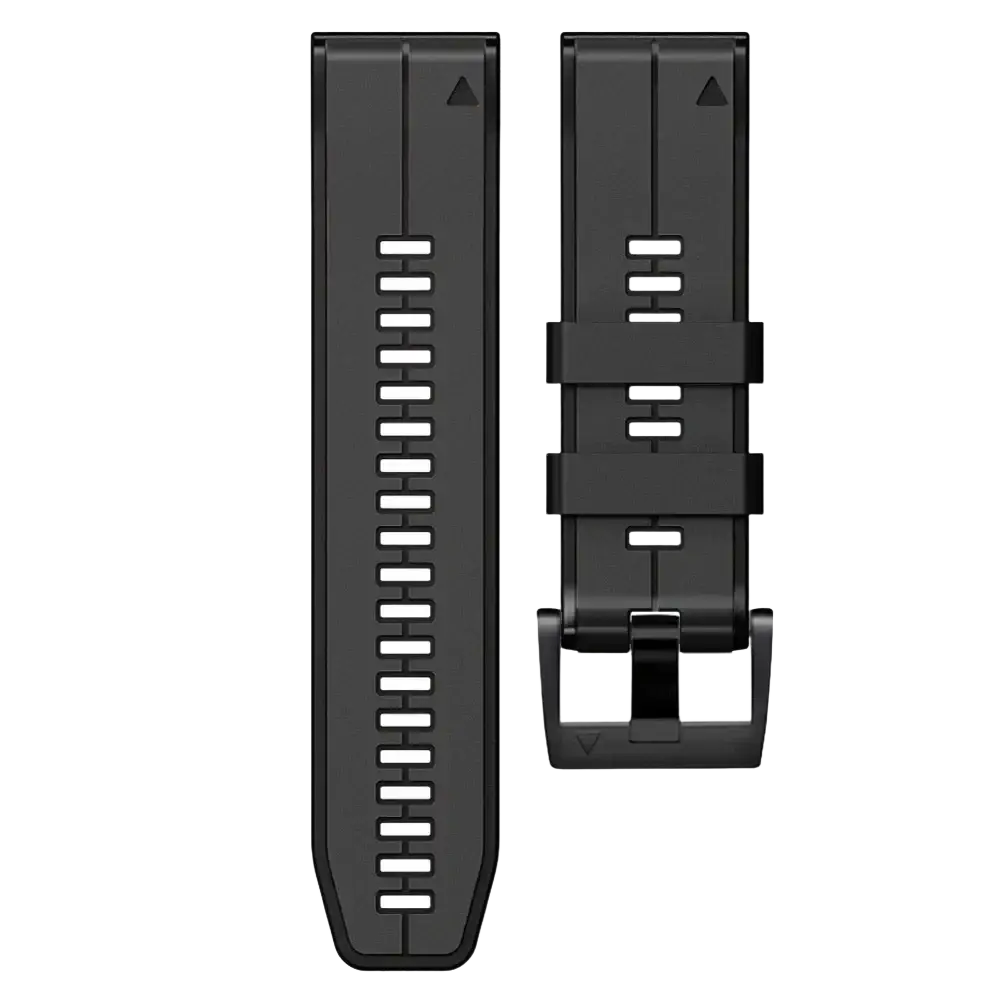 Black silicone watch band with matte finish and reinforced buckle for garmin fenix and garmin forerunner models