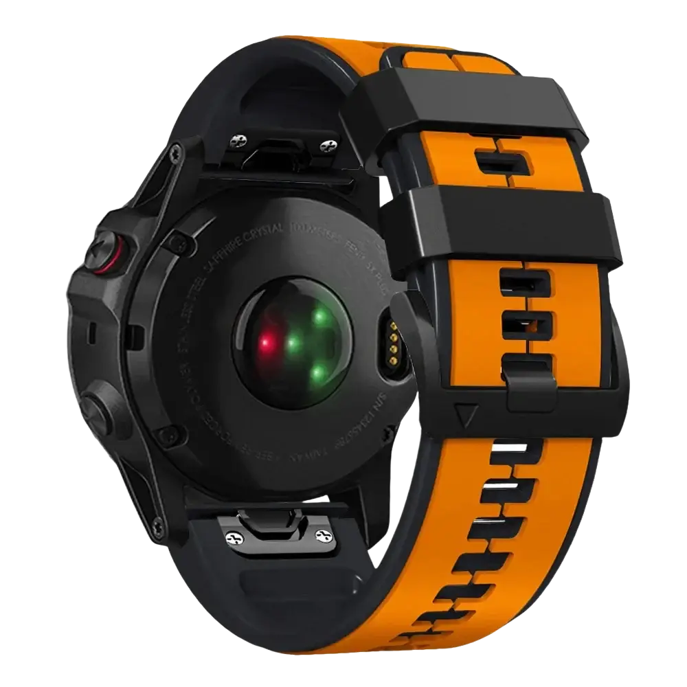 Black and orange durable rubber garmin fenix watch band with bold contrasting colors for sport use