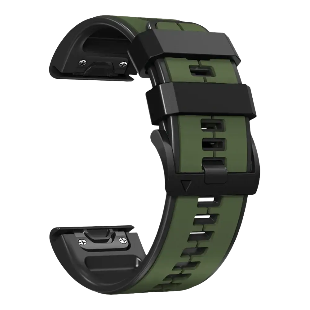 Olive green and black silicone Garmin Fenix watch band with rugged textured design for Garmin Forerunner models