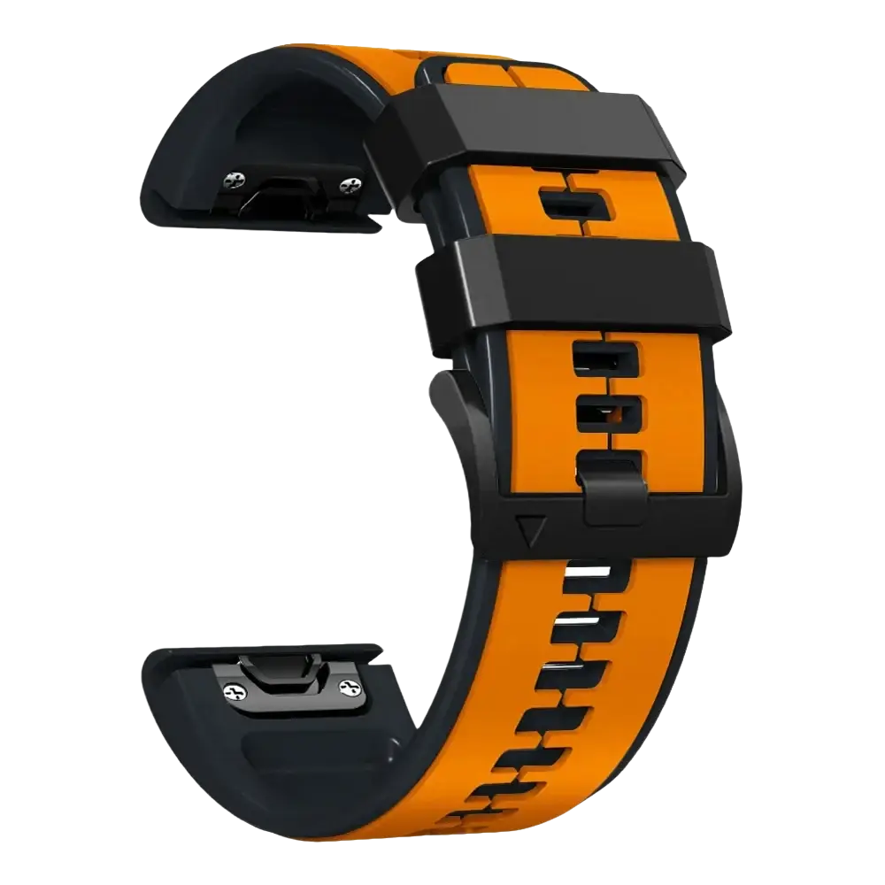 Orange and black textured silicone watch band for Garmin Fenix and Garmin Forerunner with a segmented sporty design