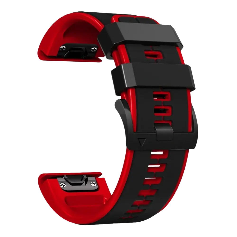 Red and black silicone watch band with sporty textured design compatible with Garmin Fenix and Garmin Forerunner models