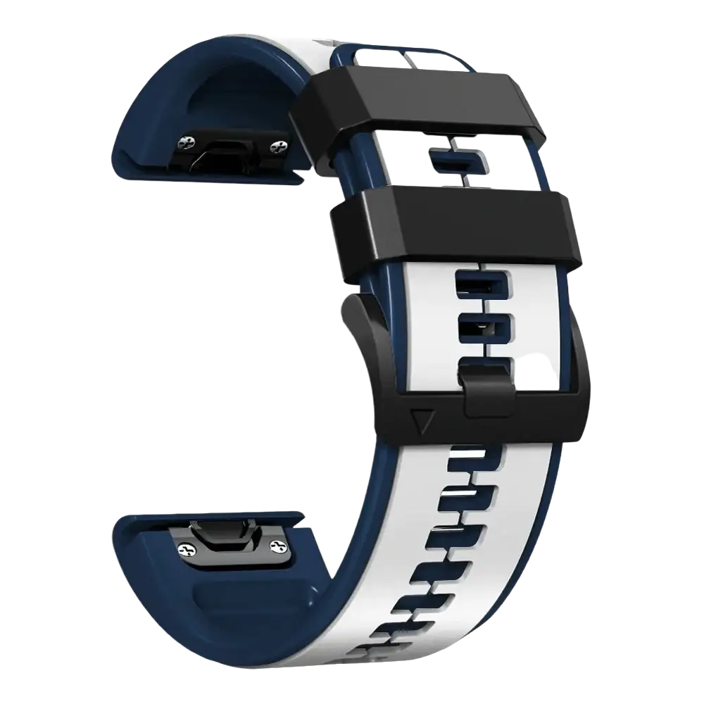 Sporty navy and white silicone garmin fenix watch band with a black plastic buckle for garmin forerunner models