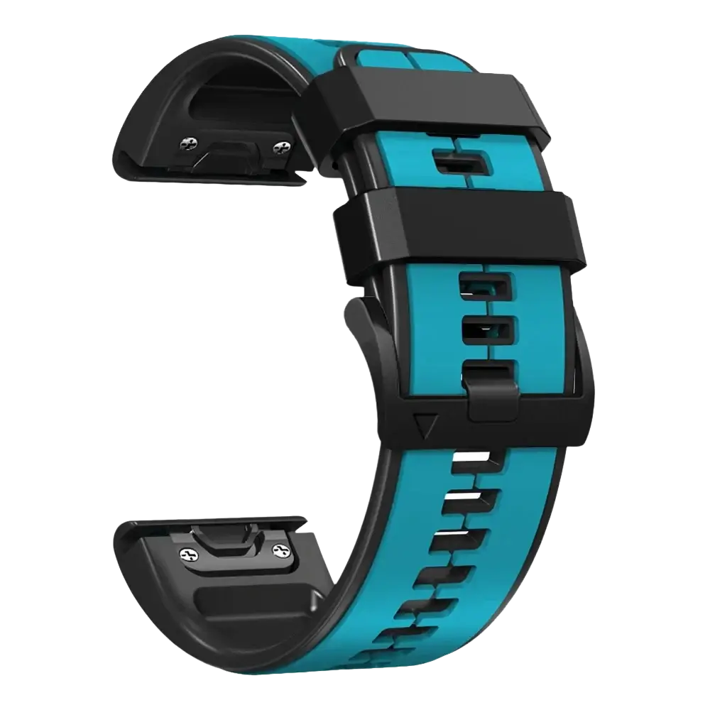 Teal and black silicone watch band with sporty textured design compatible with garmin fenix and forerunner models