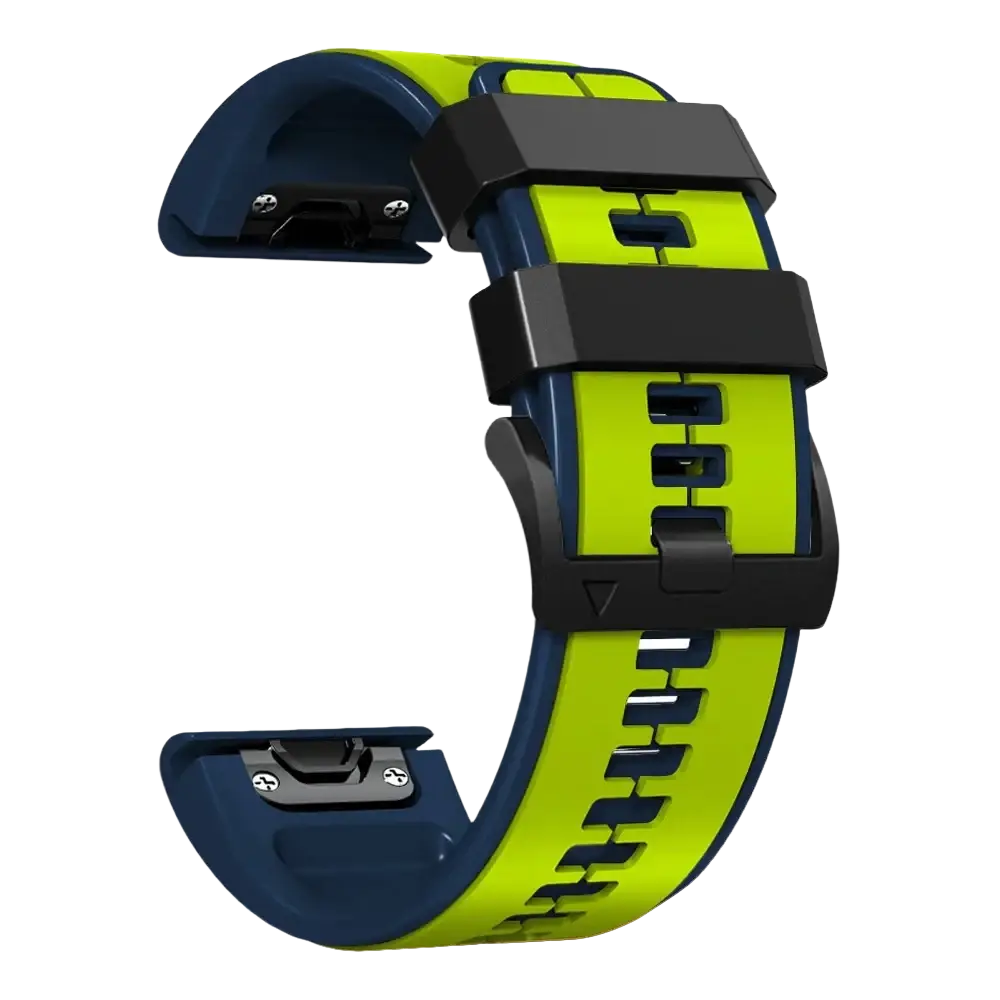 Vibrant lime green and navy blue silicone garmin fenix watch band with black plastic buckle for garmin forerunner devices