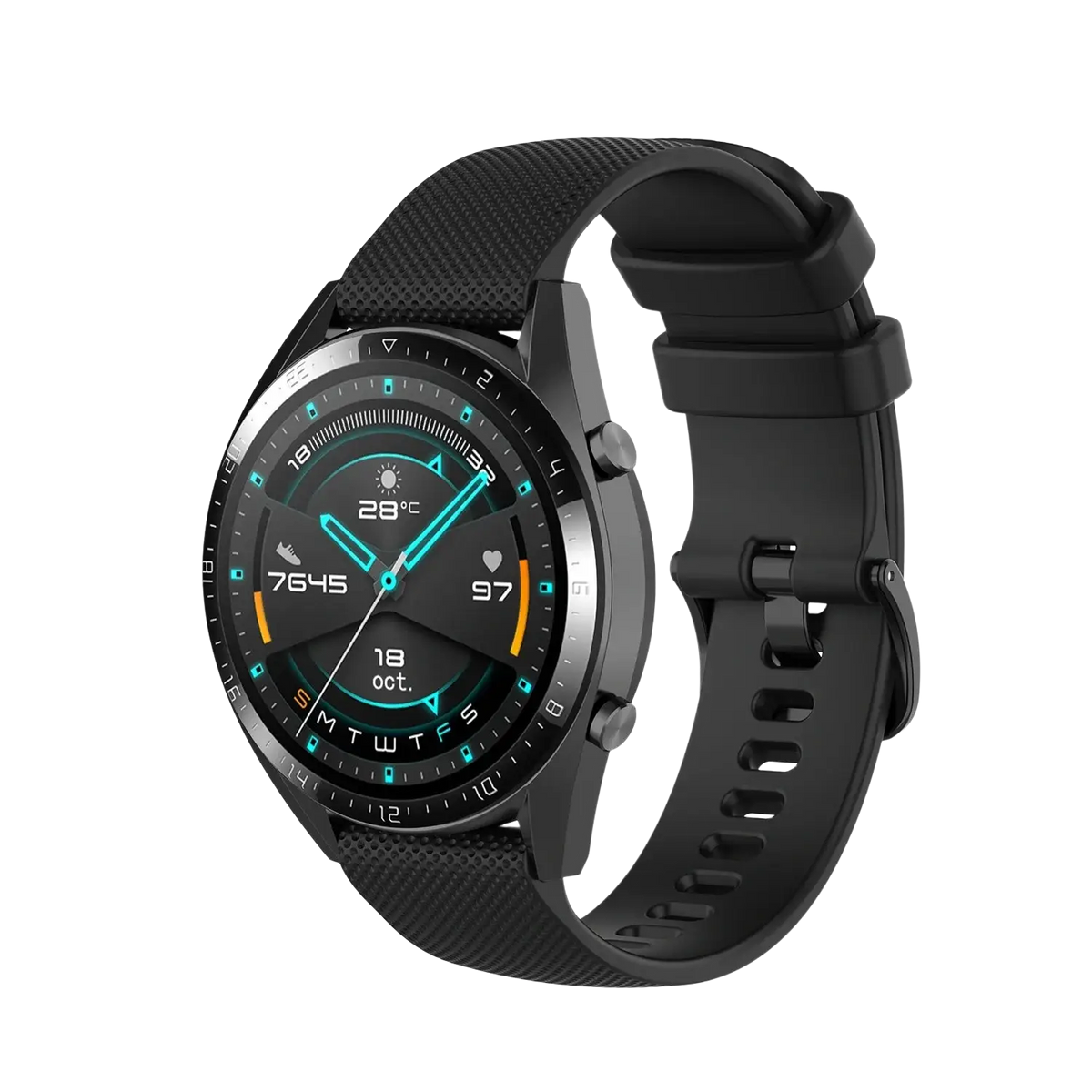 Black huawei watch gt2 with textured silicone strap and teal digital display for garmin venu replacement band