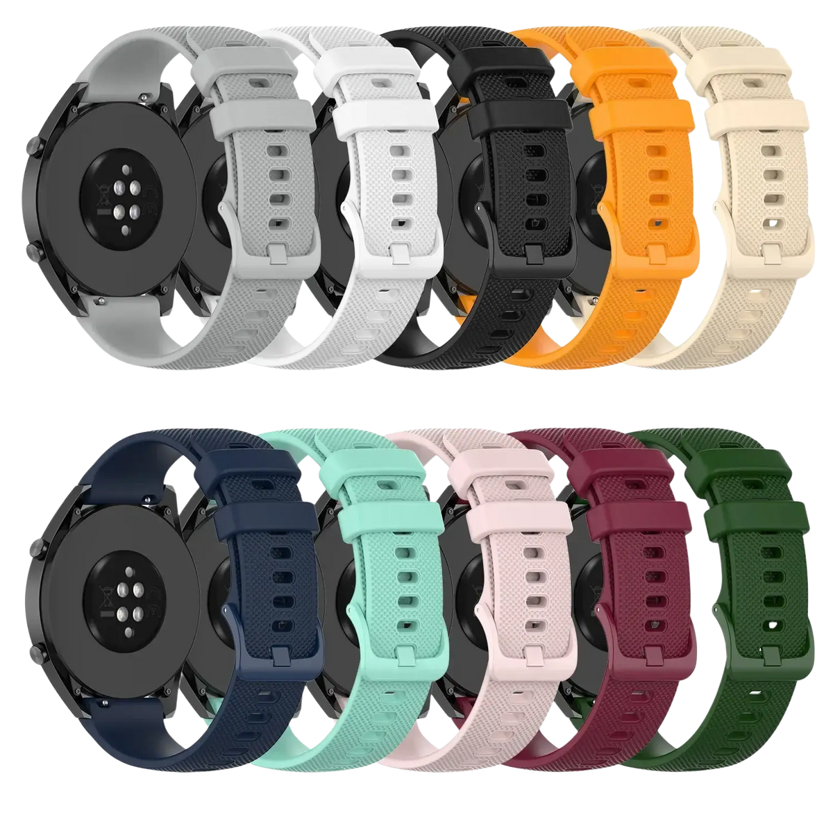 A collection of colorful silicone replacement watch bands for Garmin Venu in various hues including gray, black, and pink