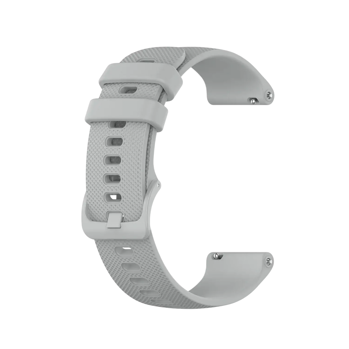 Light gray silicone watch band with textured surface and adjustable buckle for Garmin Venu and Garmin Forerunner