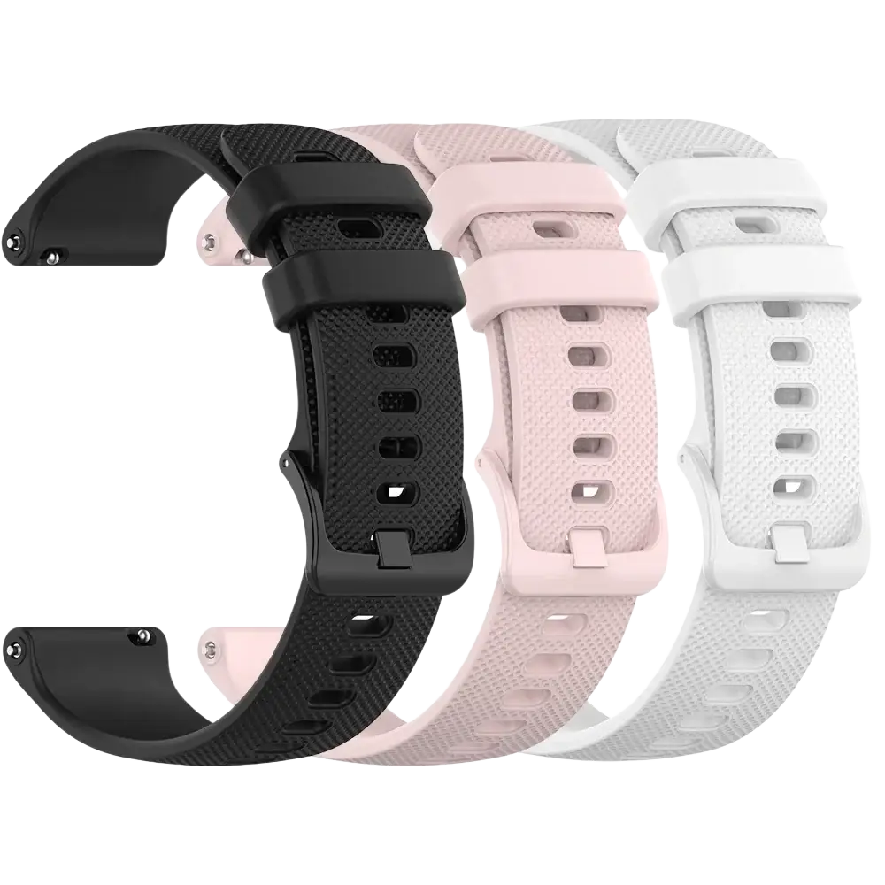 Garmin venu silicone watch band replacement strap set in black blush pink and white with textured surface and matching buckle