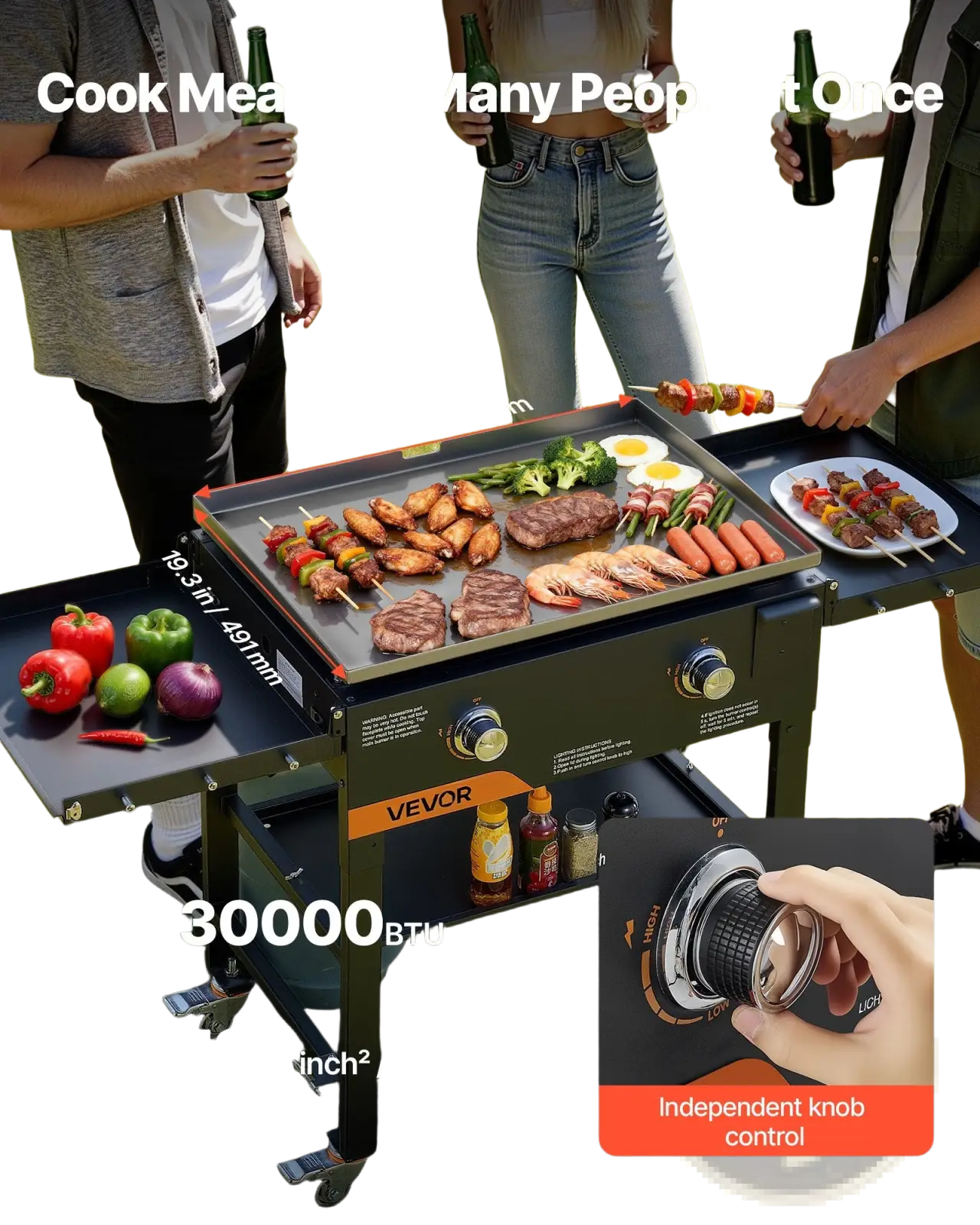 Black vevor 28 inch gas griddle with flat cooking surface, side shelves, and independent temperature control knobs