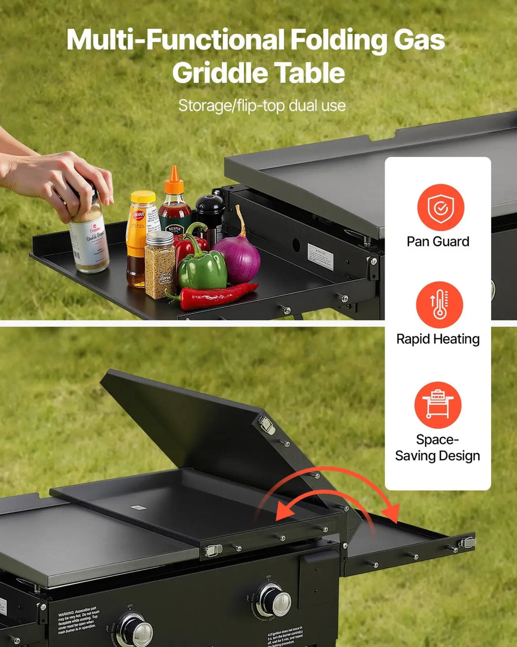 Black 28 inch 2-burner foldable propane gas griddle table with flip-top design and storage tray
