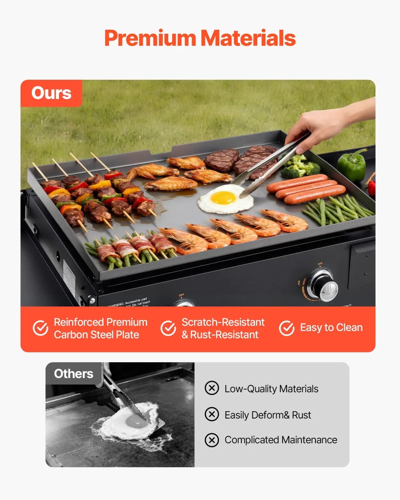 Black rectangular gas griddle 28 inch 2-burner foldable propane grill with carbon steel plate and stainless steel knobs