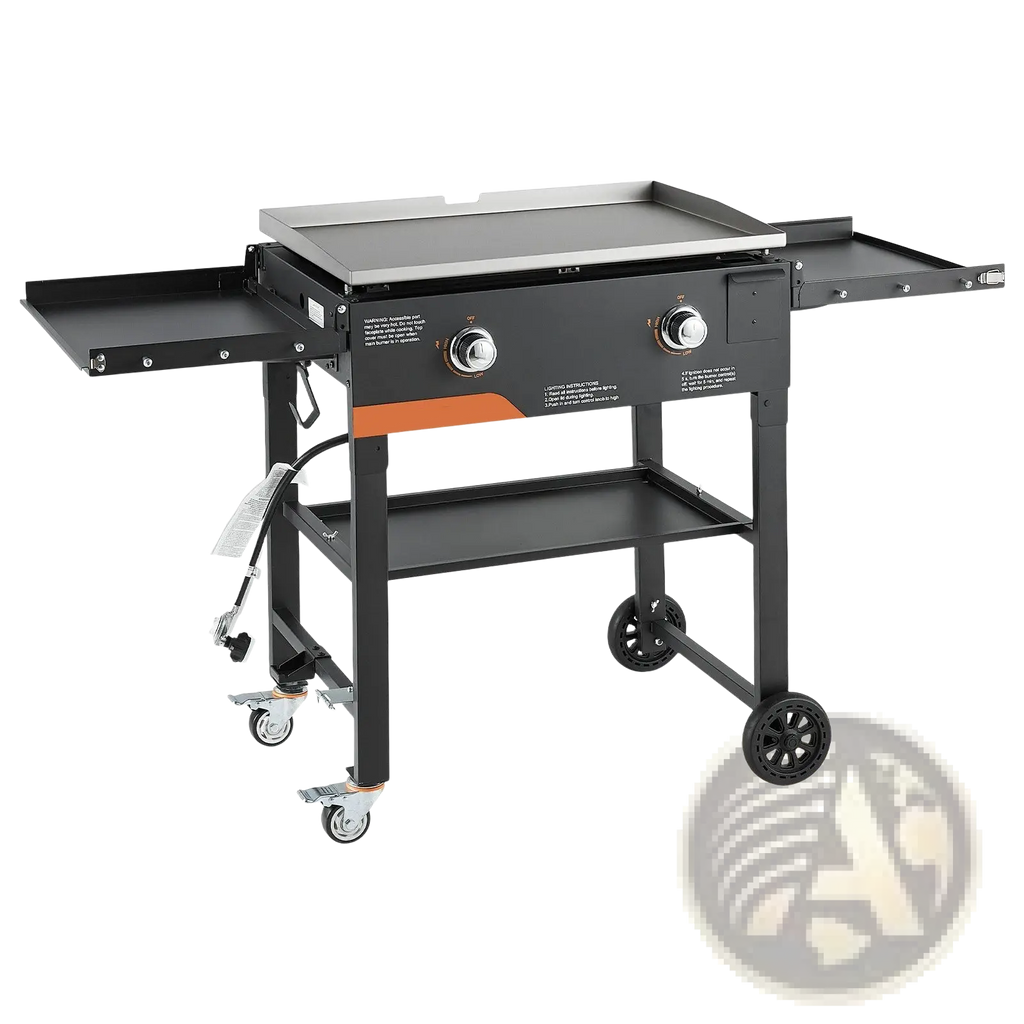 Black gas griddle with stainless steel cooking surface, orange accent stripe, four caster wheels, and two propane burners