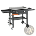 Black gas griddle with stainless steel cooking surface, orange accent stripe, four caster wheels, and two propane burners