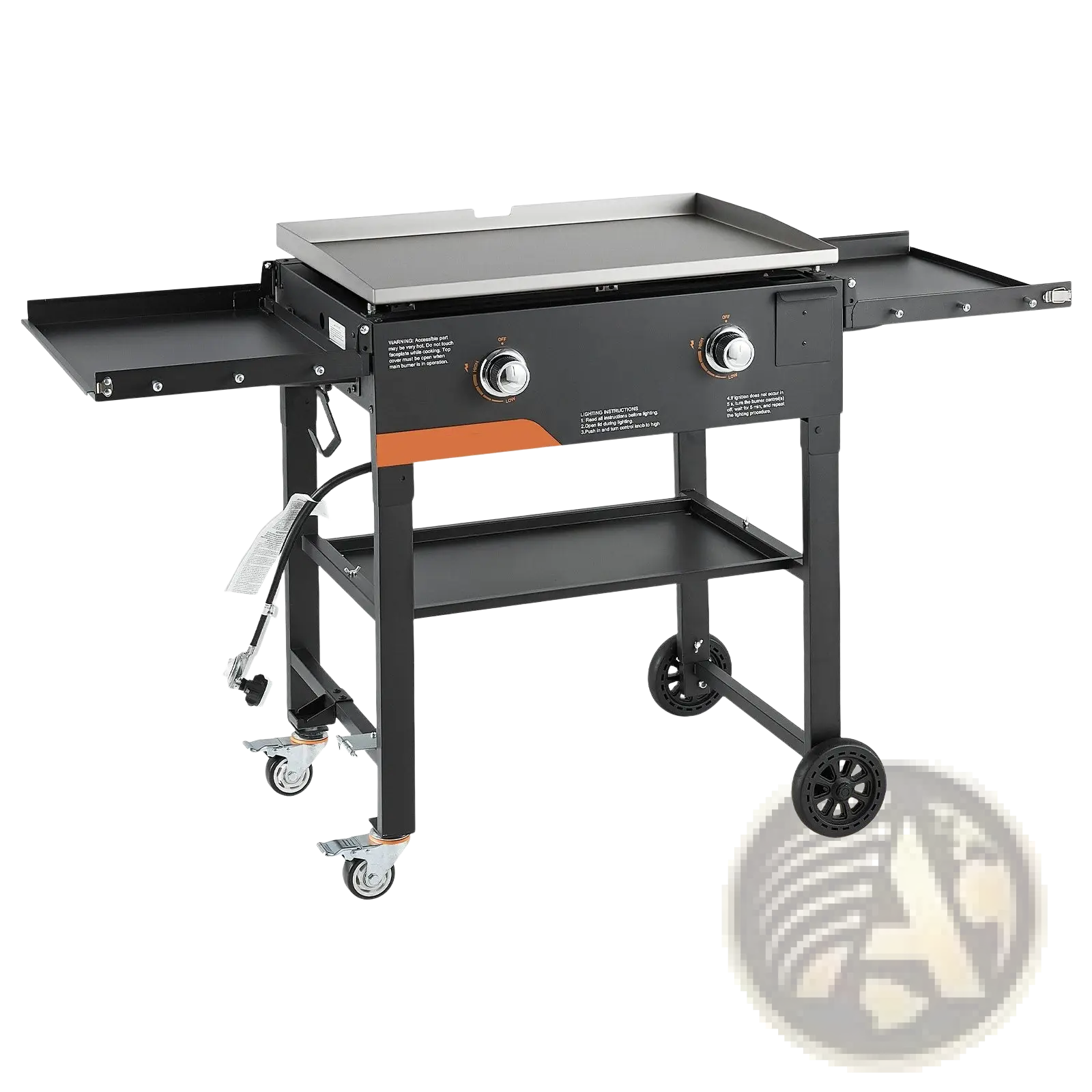 Black gas griddle with stainless steel cooking surface, orange accent stripe, four caster wheels, and two propane burners