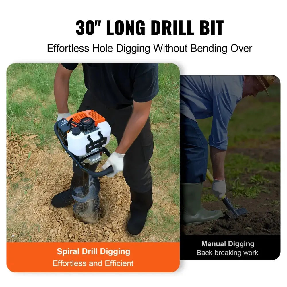 63cc gas post hole digger with orange and white engine housing and 30 inch spiral drill bit for effortless hole digging