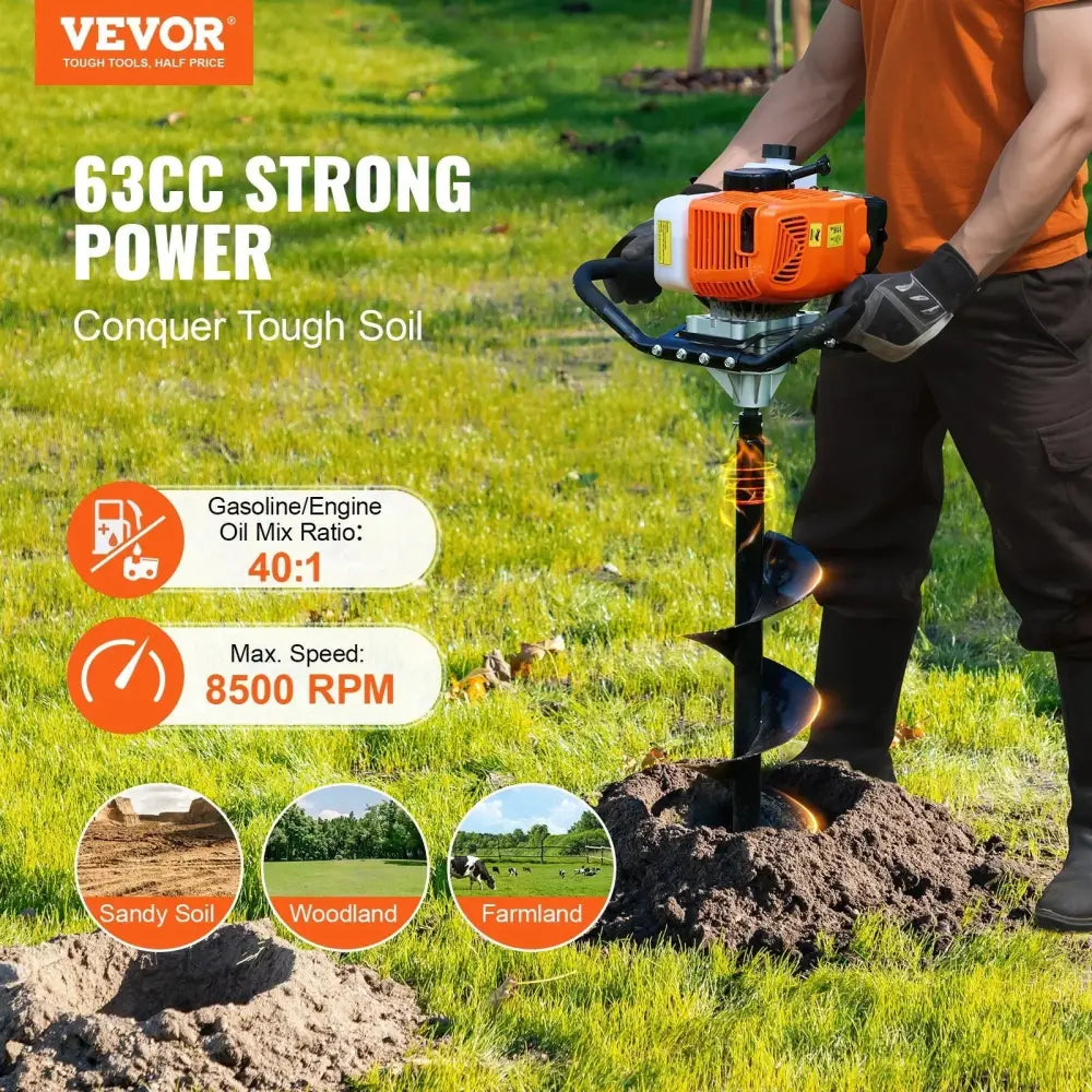 Orange and black vevor 63cc gasoline-powered post hole digger with spiral bit designed for tough soil conditions