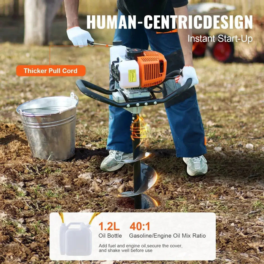 Orange and white 63cc gas post hole digger with black handle and spiral bit including 8 drill bits and extension rod