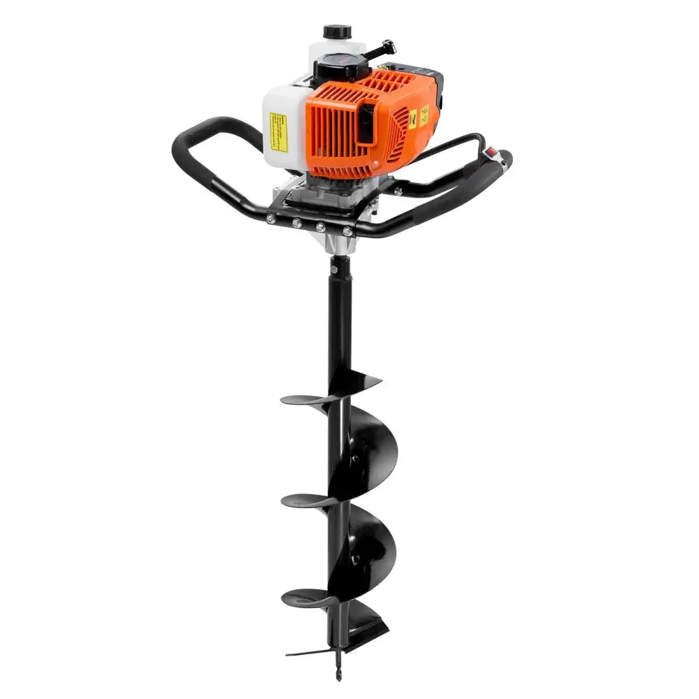 Orange and white 63cc gas post hole digger with a black spiral drill bit for efficient hole drilling