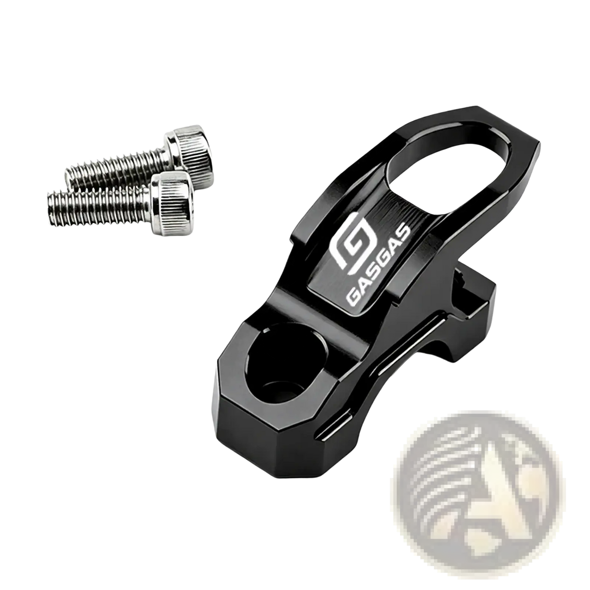Black anodized aluminum gasgas handlebar helmet hanger universal cnc hook with silver screws visible from the back side